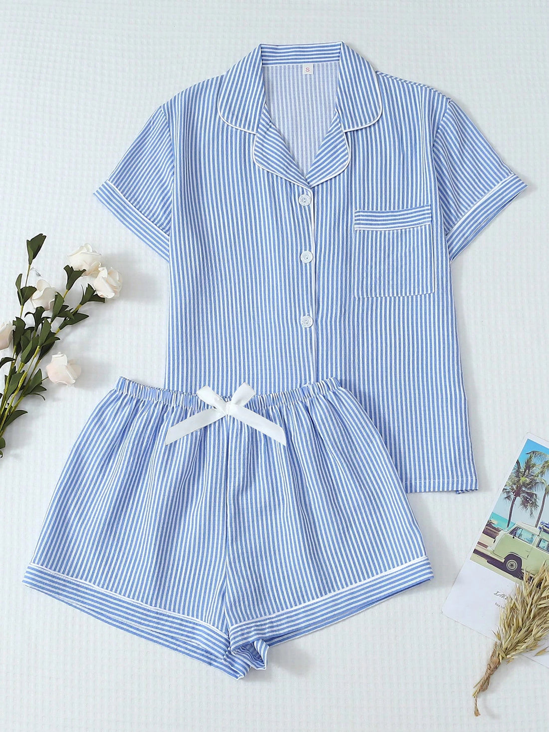 Women Pajamas Set Summer Ladies Plaid Print Casual Pajama Set, Short Sleeve Collar Top and Shorts Casual Comfy Loungewear