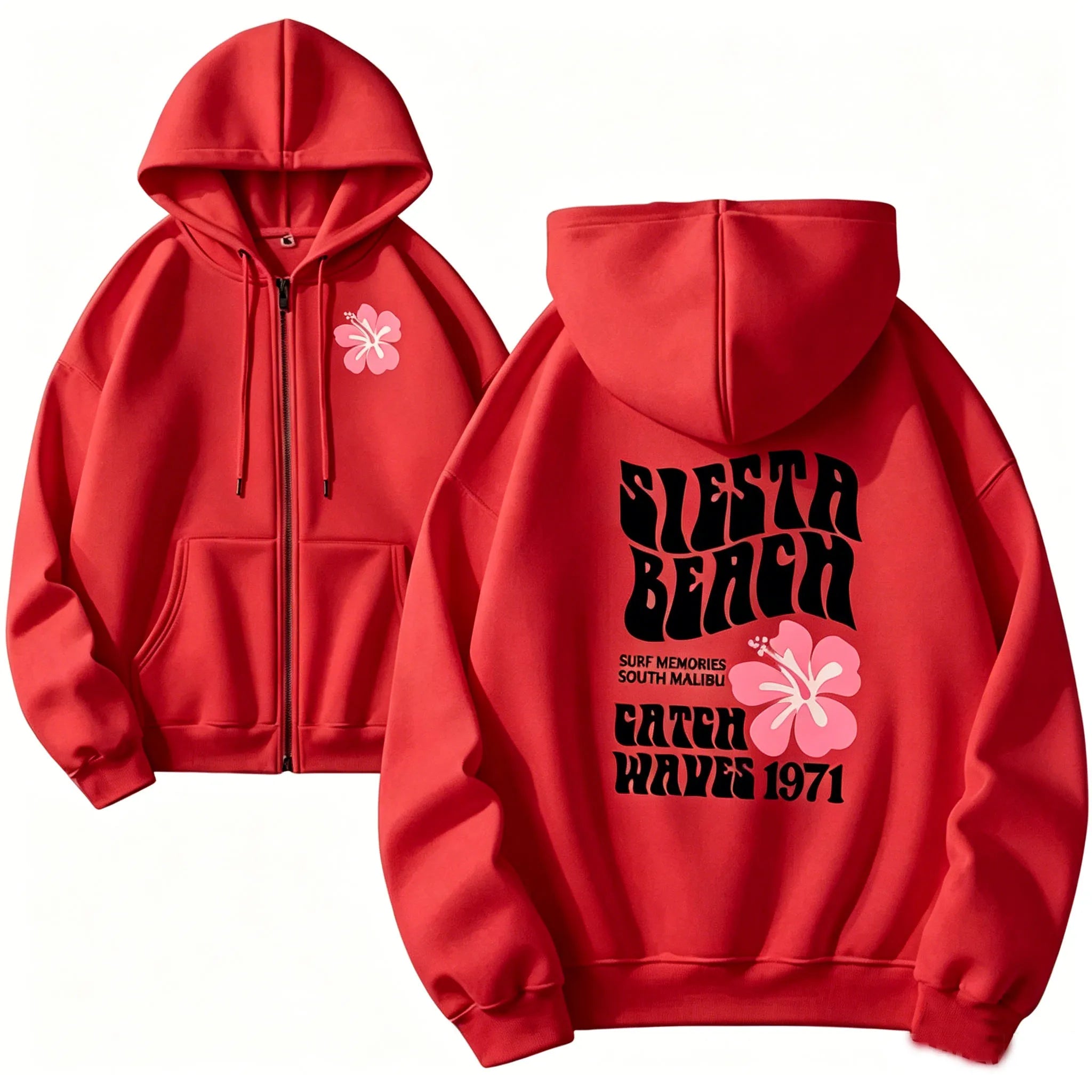 Women Zipper Cardigan Hooded Sweatshirt Jogging Lady Versatile Sport Coat Oversized Hibiscus Beach Casual Hooded Sweat Jacket