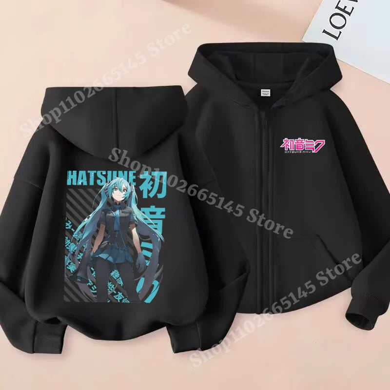 Hatsune Miku Zipper Hoodies Coat Girls Cute Hooded Cardigan Kids Spring Autumn Jacket Long Sleeves Fashion Children Clothes Gift