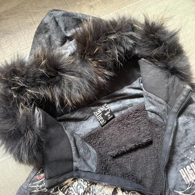 Vintage Popular New Pattern Printing Hooded Sweater Women Y2K Korean Version Tight Casual Plus Velvet Padded Joker Sports Hoodie