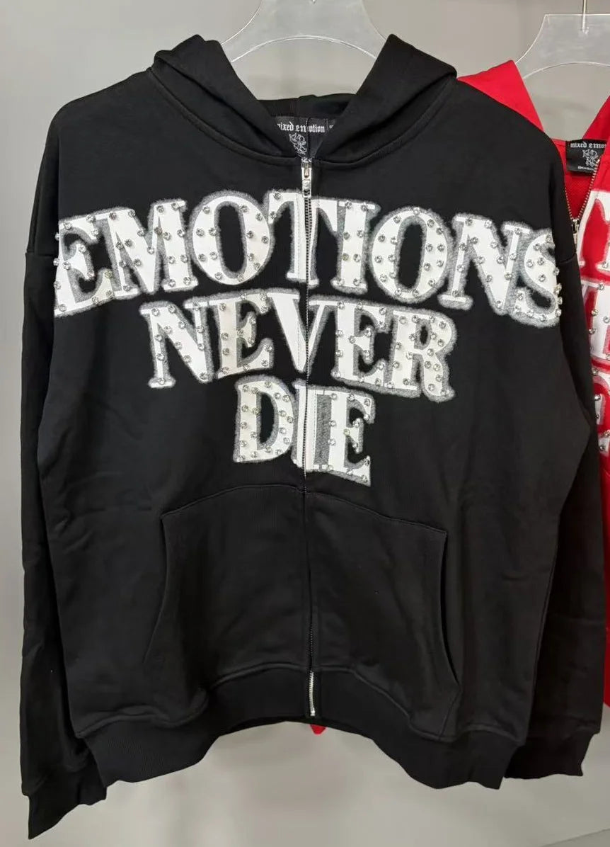 Fashionable Zip-Up Jacket, High Quality, 450g Heavyweight Pure Cotton Terry Fabric, White Ink Direct Printing, Middle Eastern Glass Rhinestones, Full Print, Hand-Applied Rhinestones