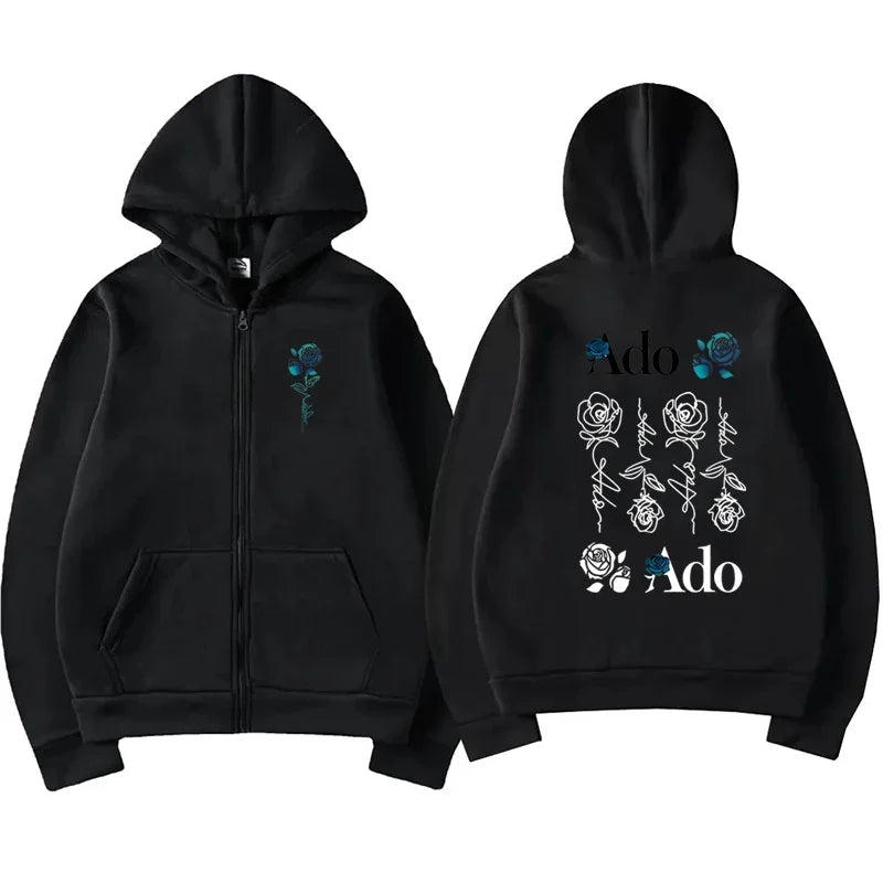 2025 Ado Graphic Printed Zipper Hoodies Autumn Winter Men Women Casual Fashion Harajuku Y2K Fleece Long Sleeve Zip-Up Hoodies