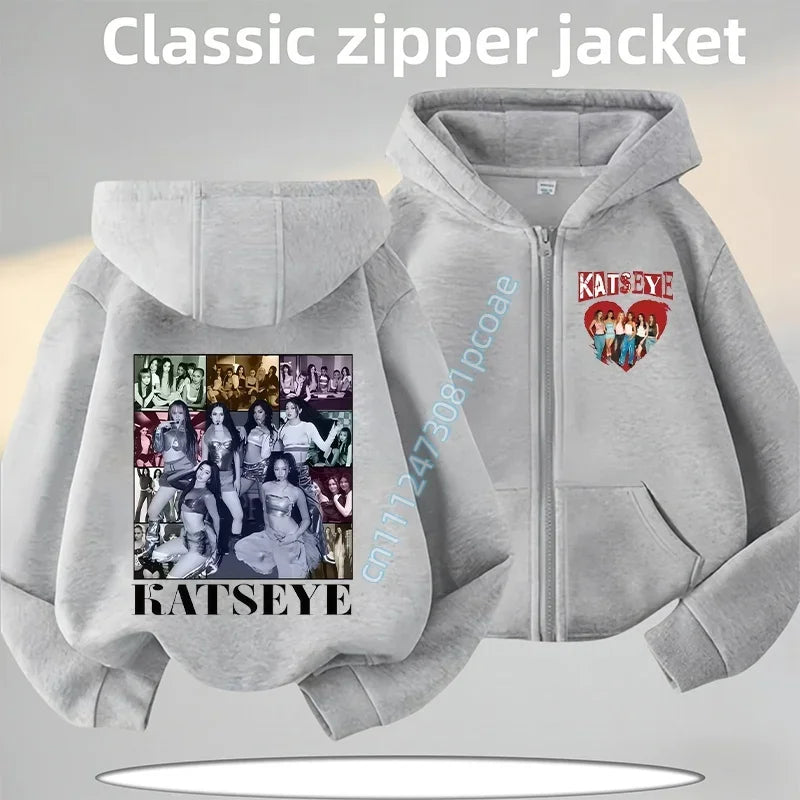 KATSEYE Children's Zippered Pullover Hoodie Boys' Sport Shirt Girls' Casual Top Cartoon Print 2026 New Fall/Winter Coat