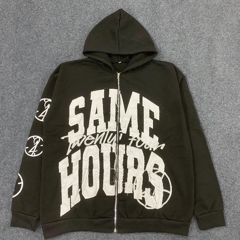 Quick Delivery Y2K Letter Sticker Printed Street Hip-Hop Style Heavyweight Hooded Sweatshirt Cardigan Design High Street Jacket