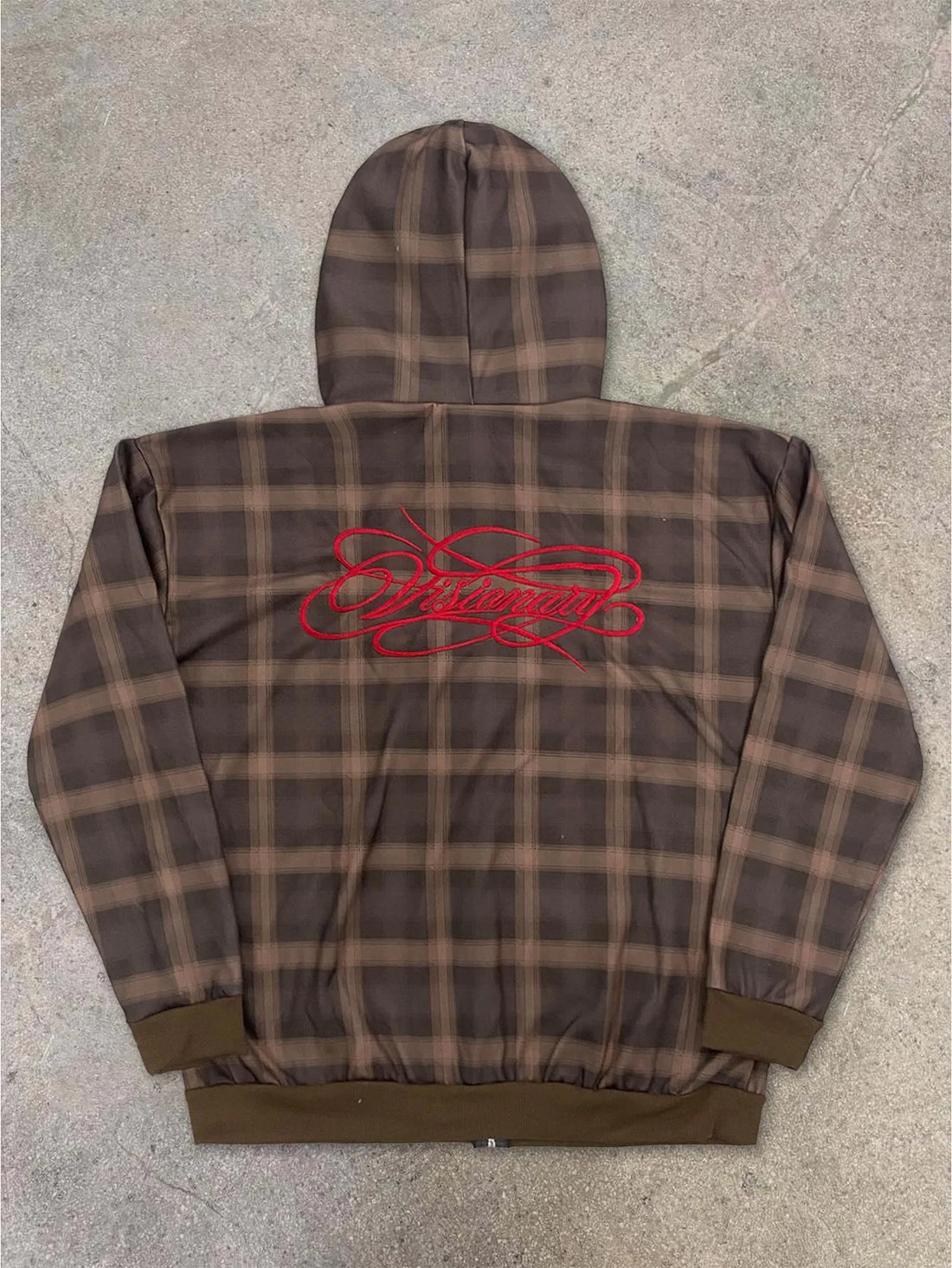 Y2K Muted Brown Check Red Chest Embroidery Full Zip Drop Shoulder Loose Hooded Sweatshirt
