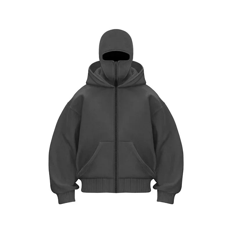 Balaclava Men Zip Hoodie Winter Warm Casual Sweatshirt Y2K with Hooded Face Mask Zipper Design Sports Jacket Outdoor Activities
