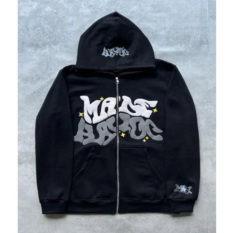 Hooded zipper hoodie with retro American-style letters, unisex, suitable for pairing with a millennial-style jacket