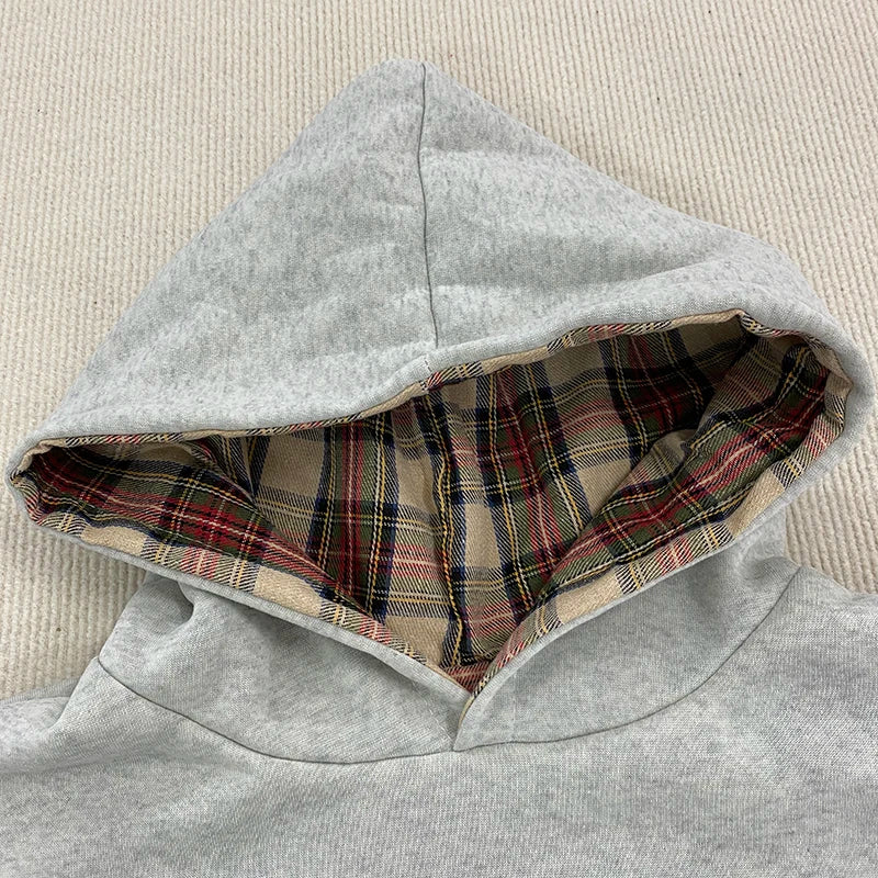 Unisex American Hip-Hop Plaid Print Loose Hoodie Y2K Pullover for Autumn Winter Men Women