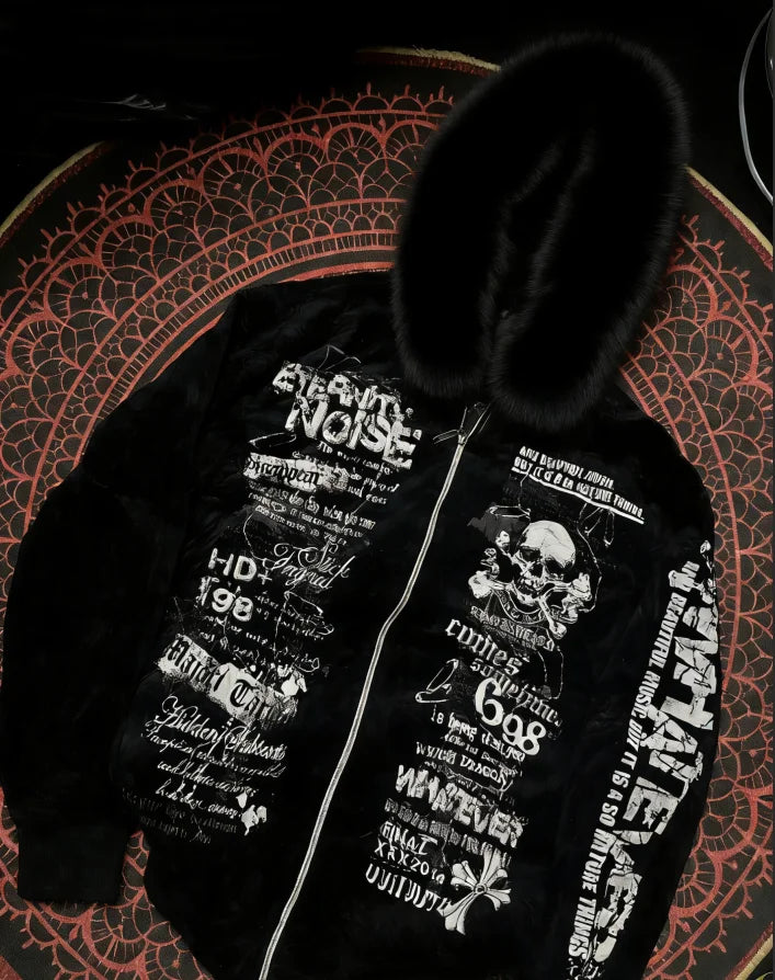 Y2K Fur collar sweatshirt Gothic Retro Pattern Super Dalian Hat Zipper Sweatshirt Trend Men Women Fashion Casual Streetwear