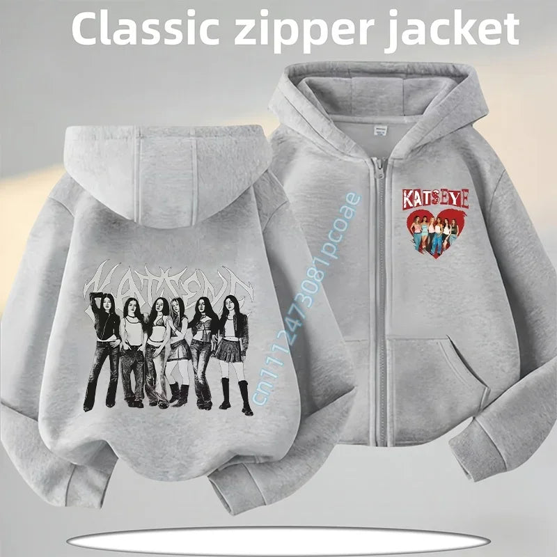 KATSEYE Children's Zippered Pullover Hoodie Boys' Sport Shirt Girls' Casual Top Cartoon Print 2026 New Fall/Winter Coat