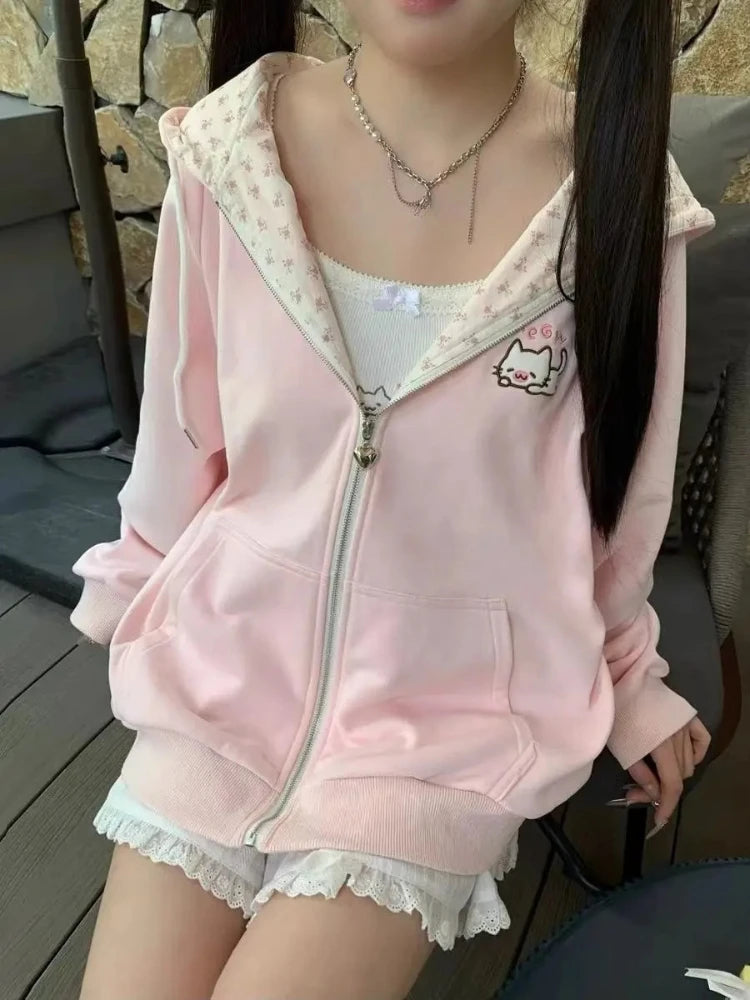 Y2k Kawaii Japanese Cartoon Long Sleeve Zipper Hooded Sweatshirts Subculture Loose Casual Hoodies Women Tops 2000s Vintage Chic