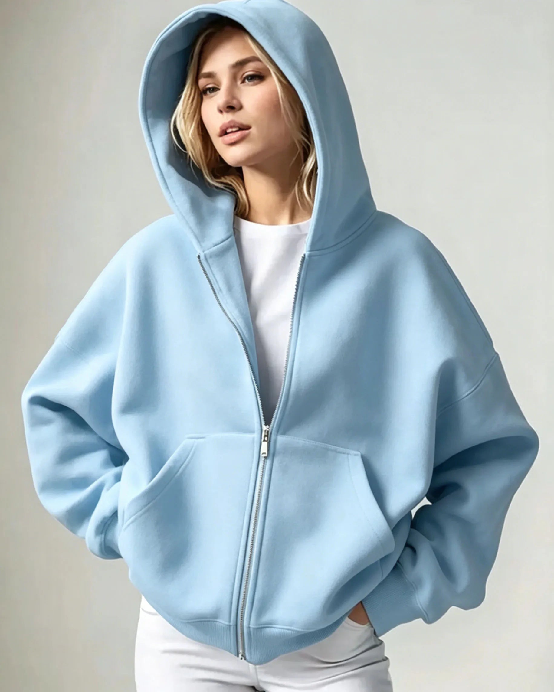 Women Solid Full Zip Up  Hoodie Casual Loose Pocket Hooded Jacket  Soft Long Sleeve Sweatshirt Autumn Winter couple Outerwear