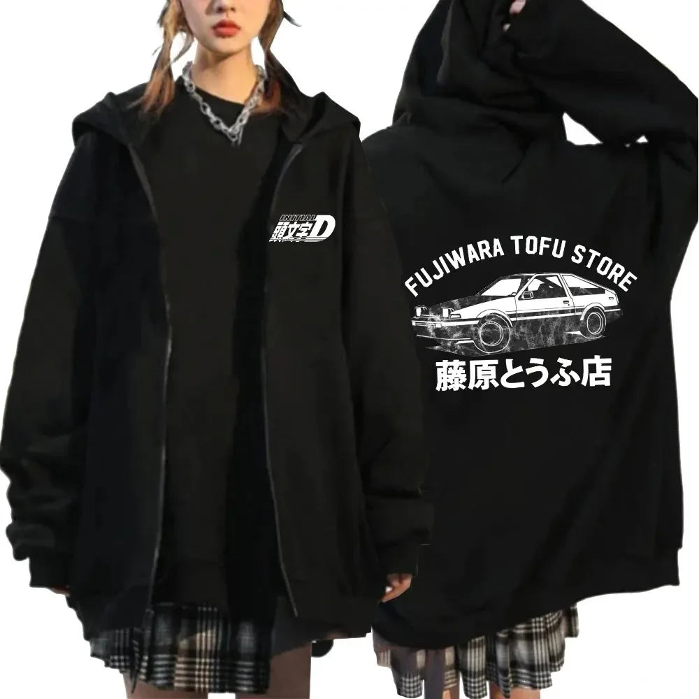 Initial D Zipper Hoodies Men's Clothing Autumn Winter Zip Up Hooded Sweatshirts Casual Vintage Loose Hoodie Jacket