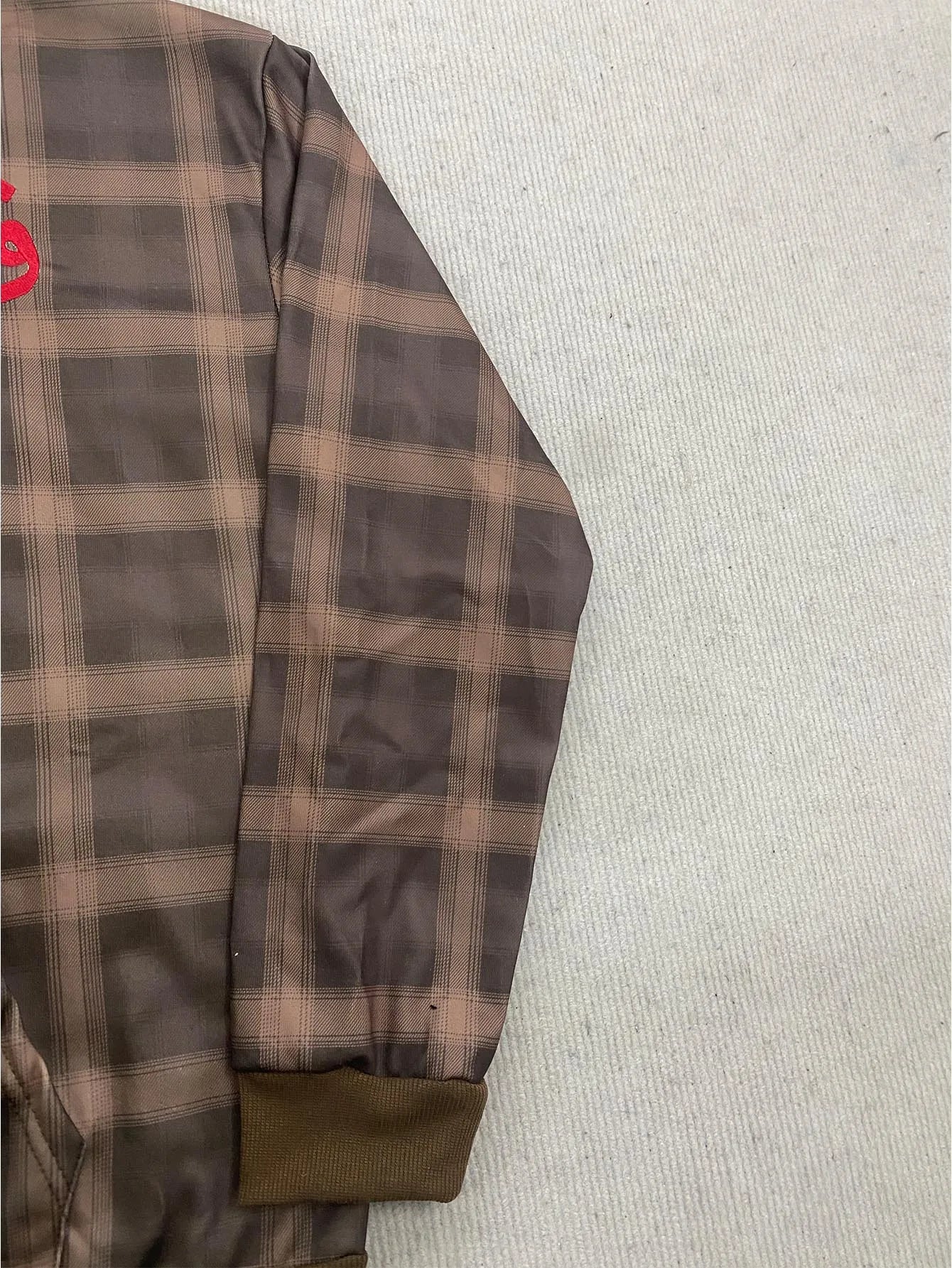 Y2K Muted Brown Check Red Chest Embroidery Full Zip Drop Shoulder Loose Hooded Sweatshirt