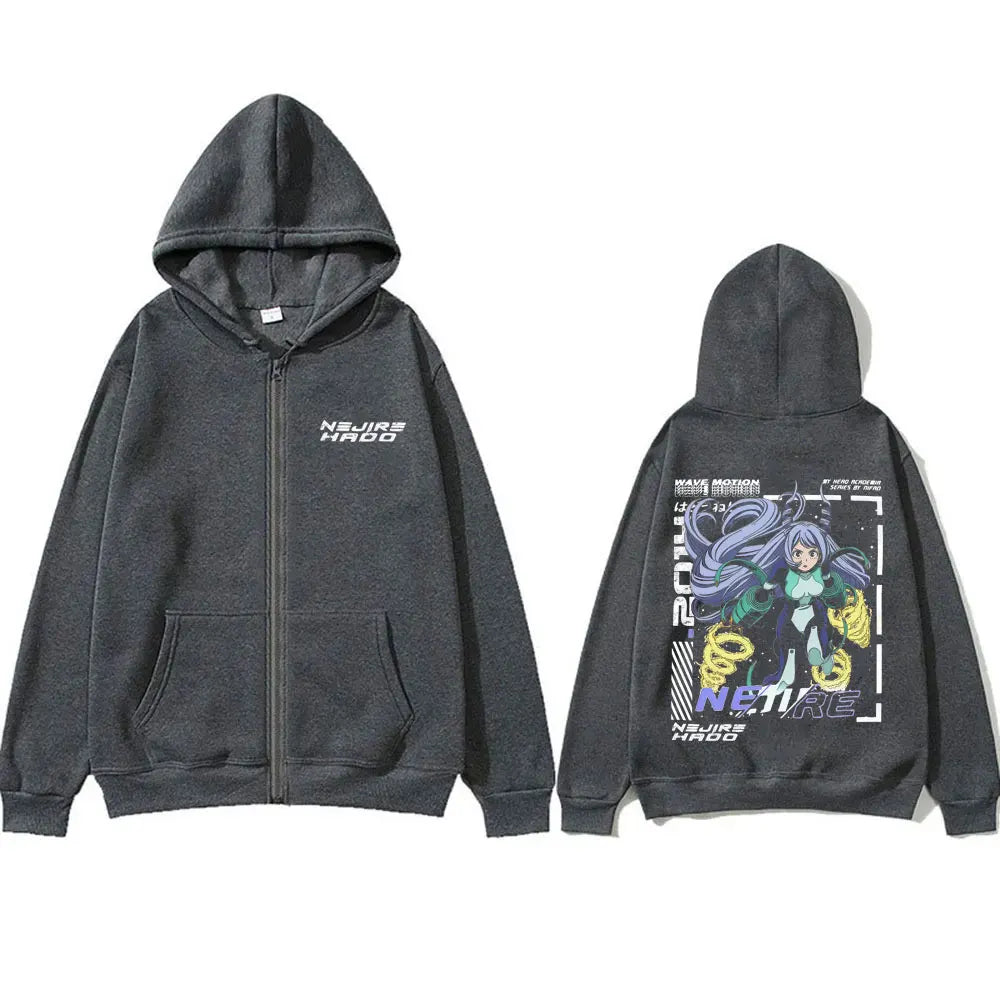 Anime My Hero Academia T-shirt Kawaii Cute Nejire Hado Cosplay Zipper Hoodie Men Women Casual Cartoon Oversized Zip Up Jacket