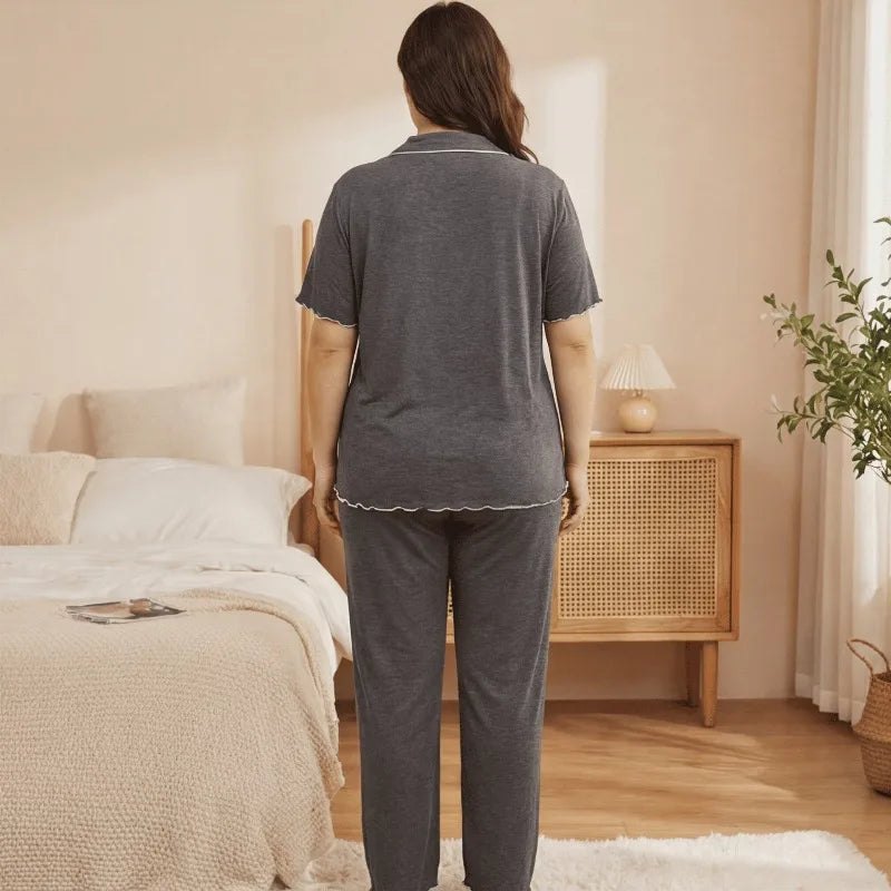 EU US Plus Size Women Solid Pajamas Set Summer Loose Loungewear Button Short-sleeved Cardigan Trousers Two-piece Set 0XL - 4XL