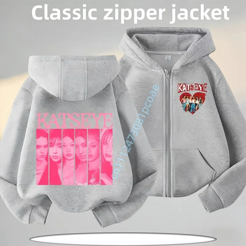 KATSEYE Children's Zippered Pullover Hoodie Boys' Sport Shirt Girls' Casual Top Cartoon Print 2026 New Fall/Winter Coat