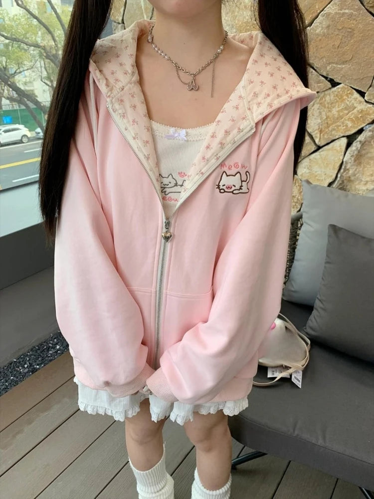 Women Pink Cutecore Hoodie Jacket Y2K Fashion Harajuku Cat Zip Up Long Sleeve Oversized Hooded Sweatshirt Cute Coat Clothes