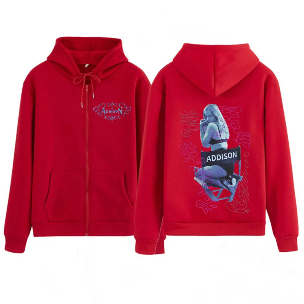 Addison Rae Double-sided Print Vintage Zipper Hoodies Men Women Oversized Fashion  Long Sleeve Aesthetics Zip Up Sweatshirts Top