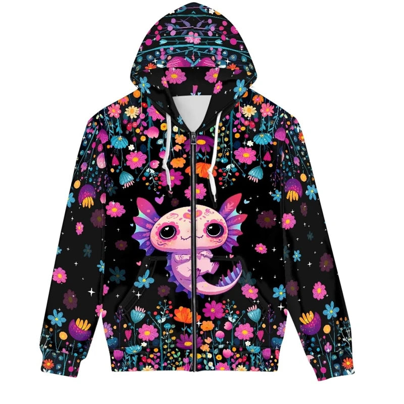Hot Sale Cute Axolotl 3D Printed Zip Up Hoodies Men Women Outdoor Leisure Trend Sweater Graphic Hooded Sweatshirt Man Clothing