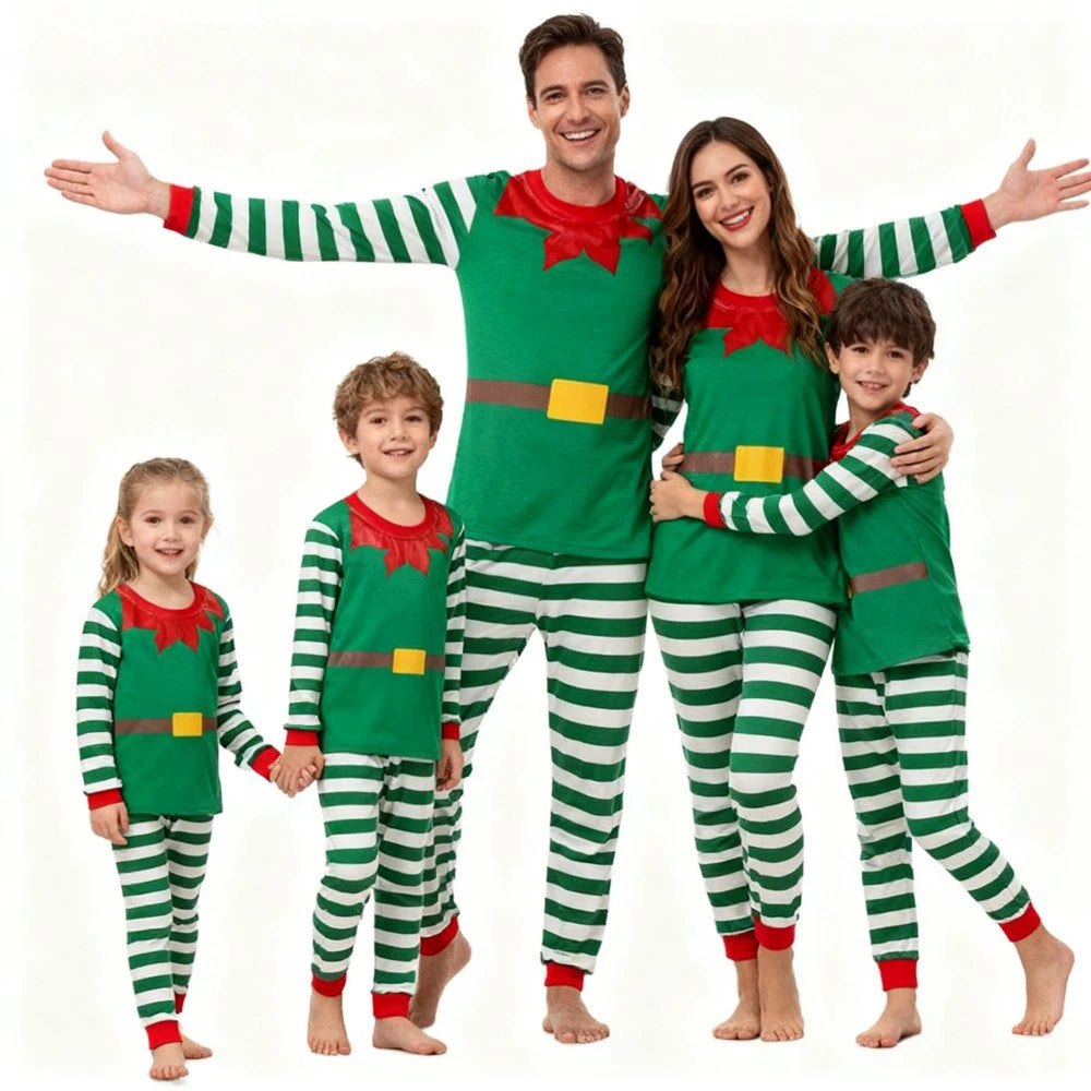 Green Santa Claus Cosplay Family Look Clothes Striped Christmas Family Matching Pajama Sets Father Mother Kids Couples Pyjamas