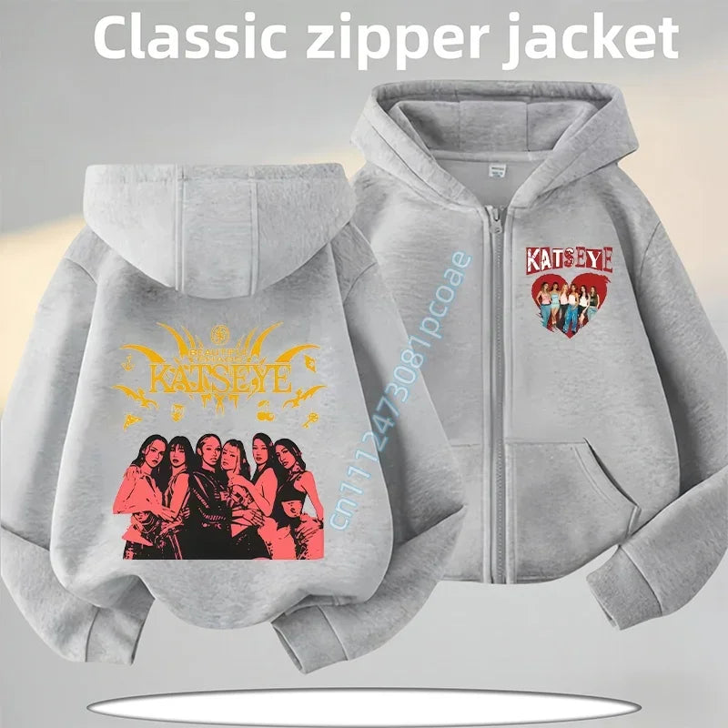 KATSEYE Children's Zippered Pullover Hoodie Boys' Sport Shirt Girls' Casual Top Cartoon Print 2026 New Fall/Winter Coat
