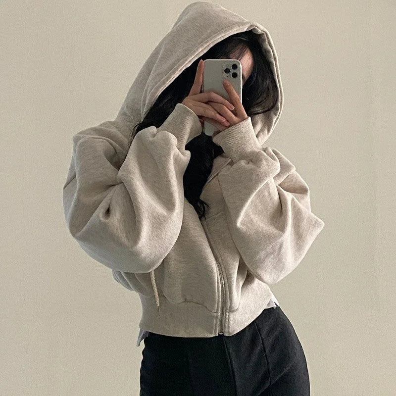 Women Fall Winter New Fleece Lined Hoodie Solid Color Zip Up Slim Short Warm Fashion Versatile Sweatshirt
