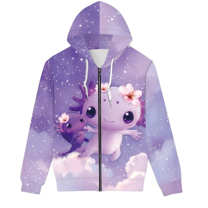Hot Sale Cute Axolotl 3D Printed Zip Up Hoodies Men Women Outdoor Leisure Trend Sweater Graphic Hooded Sweatshirt Man Clothing