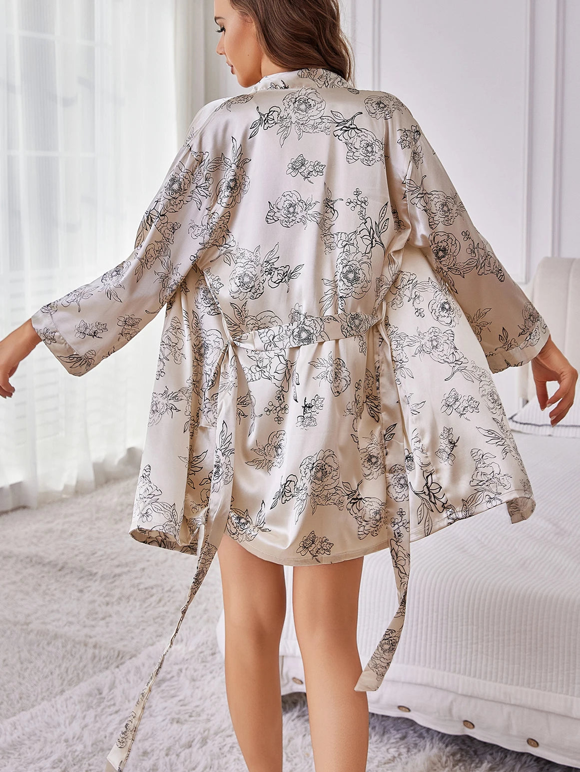 French-Inspired V-Neck Belted Robe Womens Lightweight Silk Loungewear Spring Floral Print Bathrobe with Flowy Sleeves