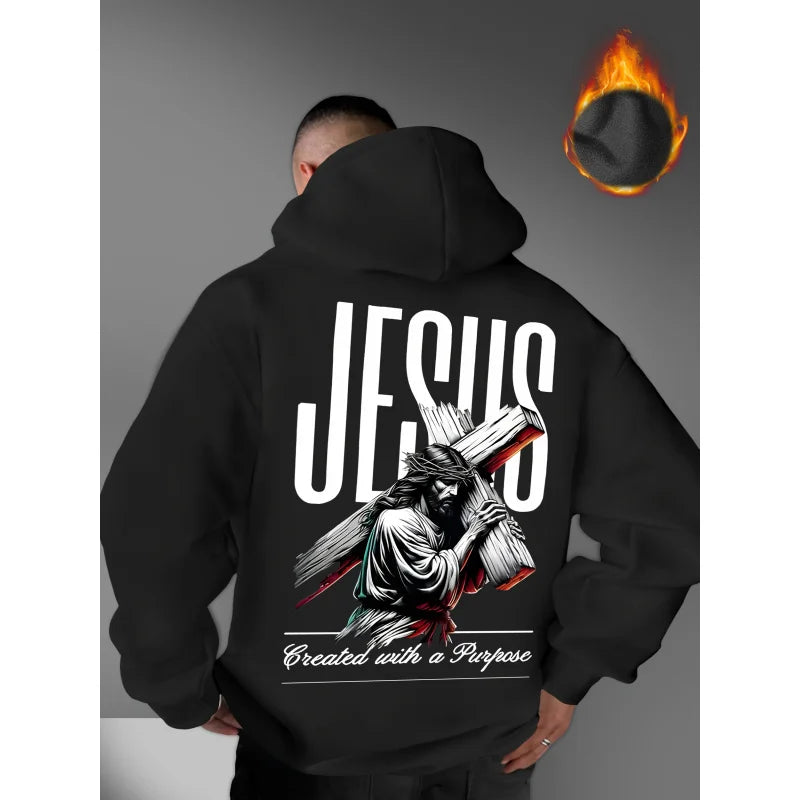 Men's Hooded Sweatshirt with JESUS Pattern Print Casual Loose Fit Lightweight Street Fashion Activewear Daily Wear for Teenagers