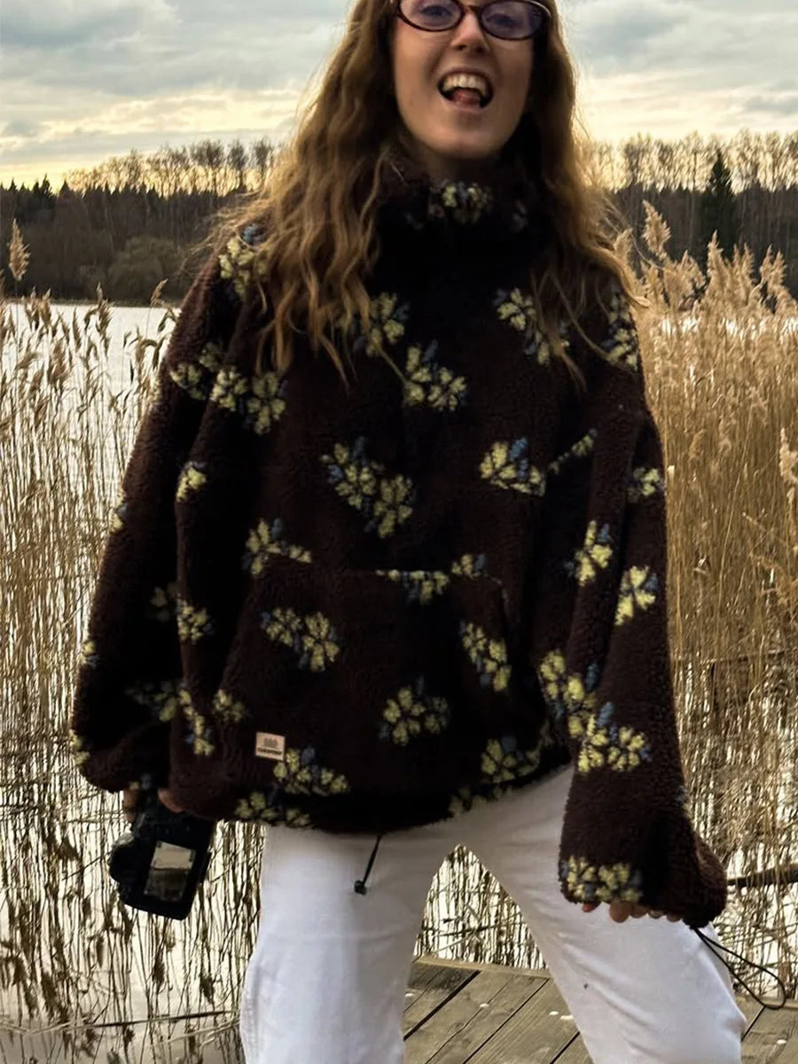 Bornladies Autumn Winter Women's Sherpa Floral Hoodies Half Zip Style Loose Fit Warm Stylish New Sweatshirt