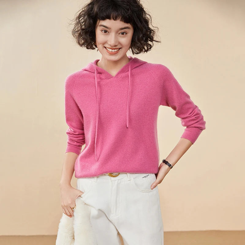 CHICUU Women Cashmere Hoodie Sweater 100% Cashmere Pullover Knitwear Autumn Winter Casual Style Hoodie Soft Warm Clothing Tops