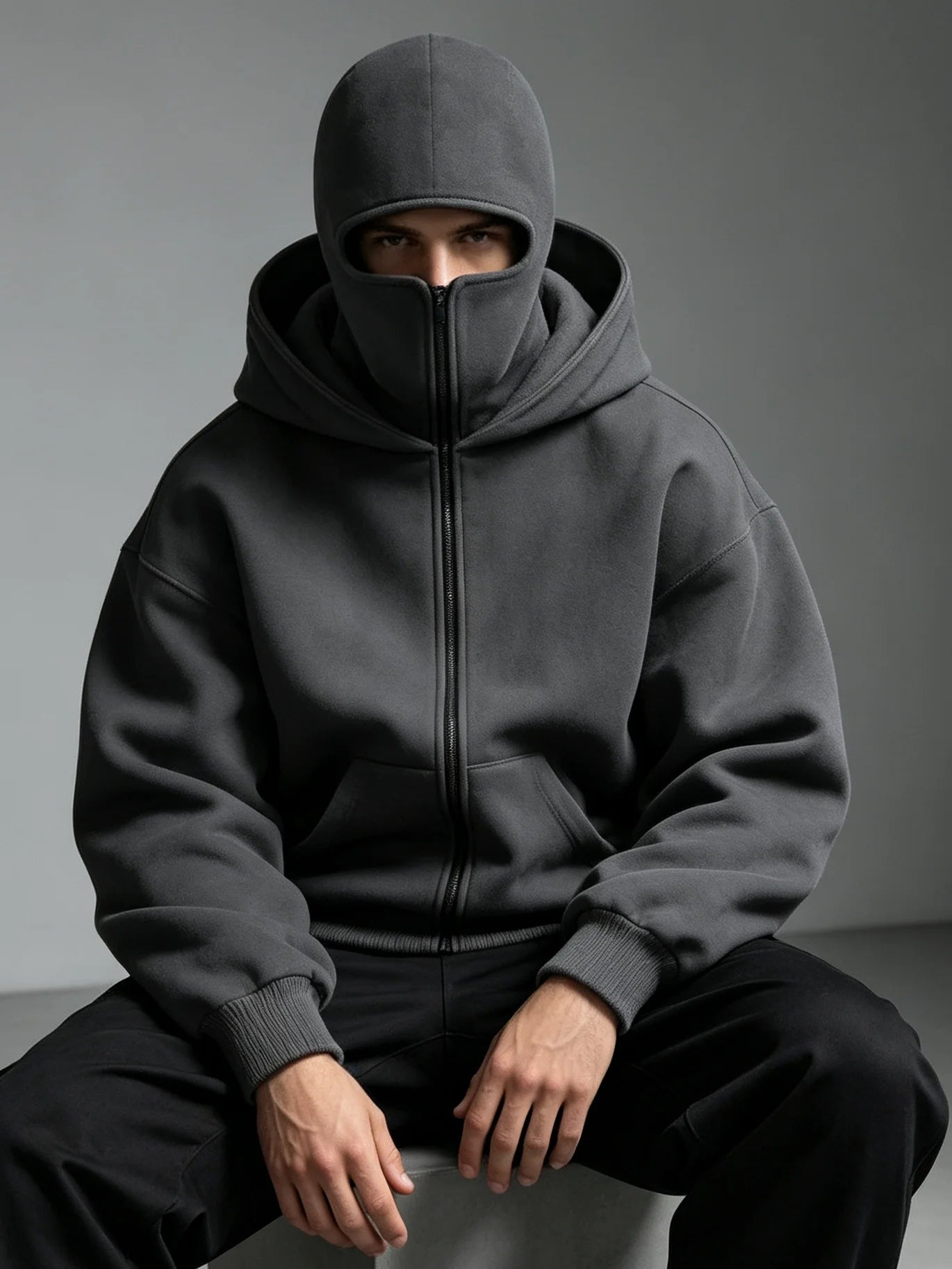 Autumn and Winter New Windproof Mask Double Hood Sweatshirt Unisex Full Zip Loose Fashionable Casual Street Coat