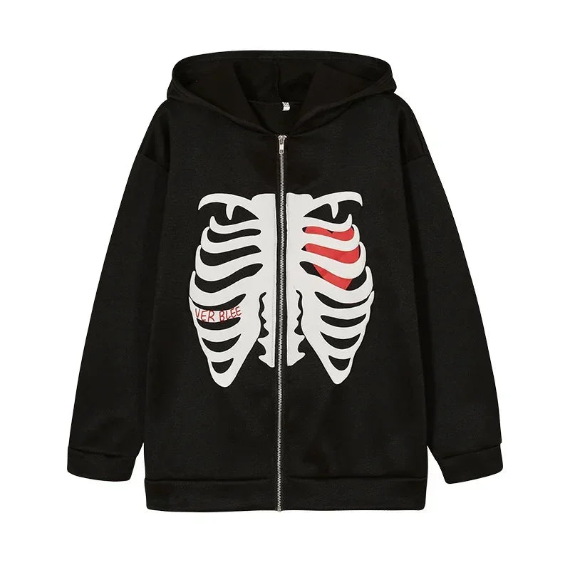 Y2K Skeleton Hoodies Women 2025 Vrouwen Gothic Zwart Zip Up Oversized Sweatshirt Dames Retro Harajuku Capuchon Streetwear Tops