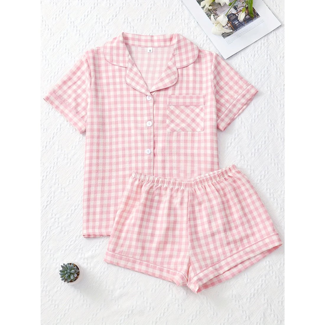 Women Pajamas Set Summer Ladies Plaid Print Casual Pajama Set, Short Sleeve Collar Top and Shorts Casual Comfy Loungewear