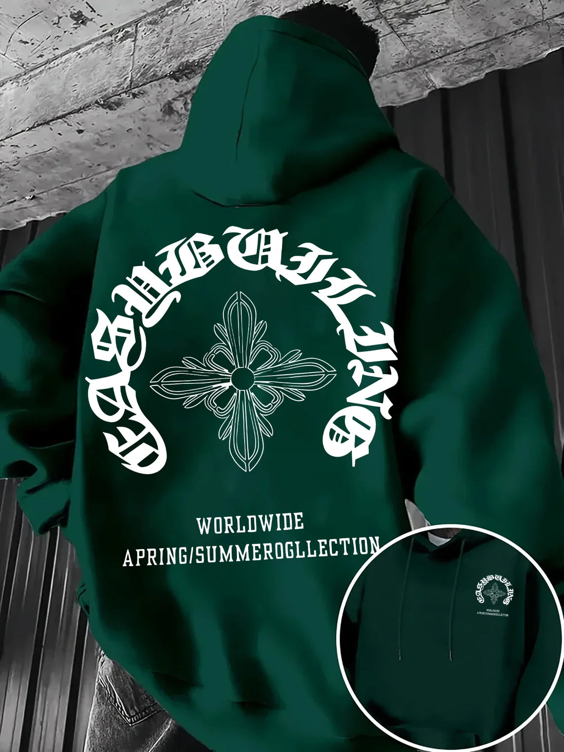 Gothic Letter Cross Pattern Men's Hoodie with Vintage Print, Loose Fit, Suitable for Autumn Winter with A Hooded Pullover Design