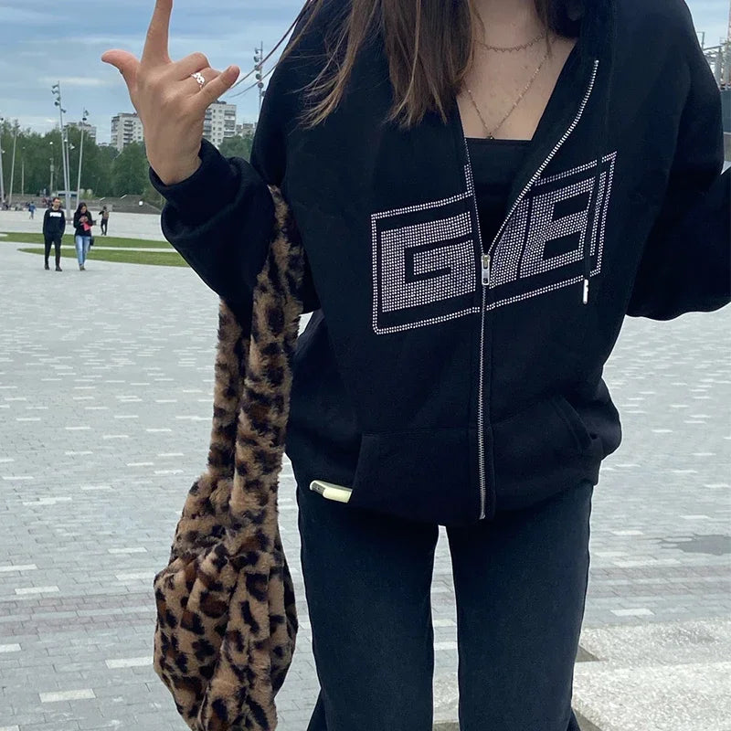 Y2K Gothic Butterfly Print Zip Up Women Hoodies 2025 Winter Grunge Skeleton Sweatshirt Casual Hooded Jacket Streetwear Hoodie