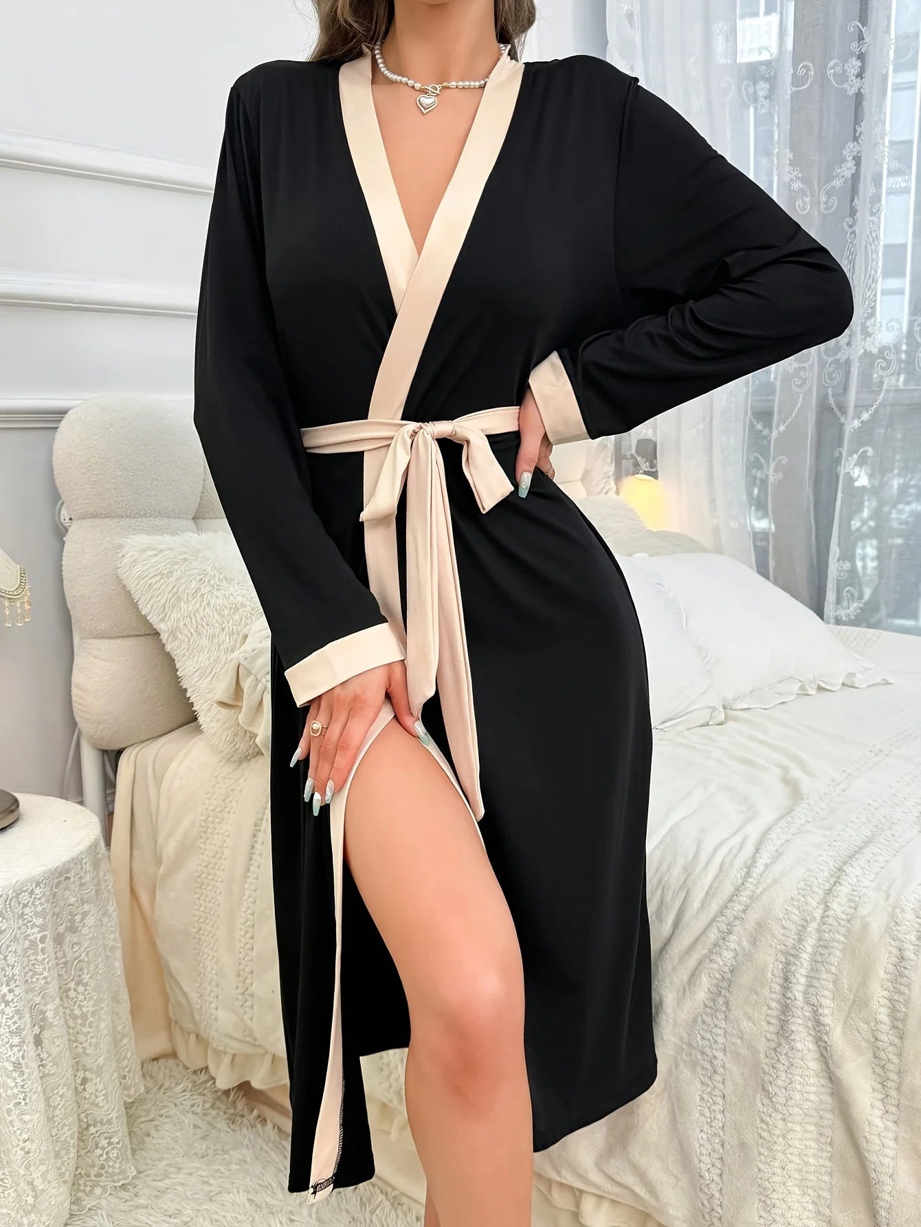 Women's new style long sleeve nightgown casual simple solid color home gown