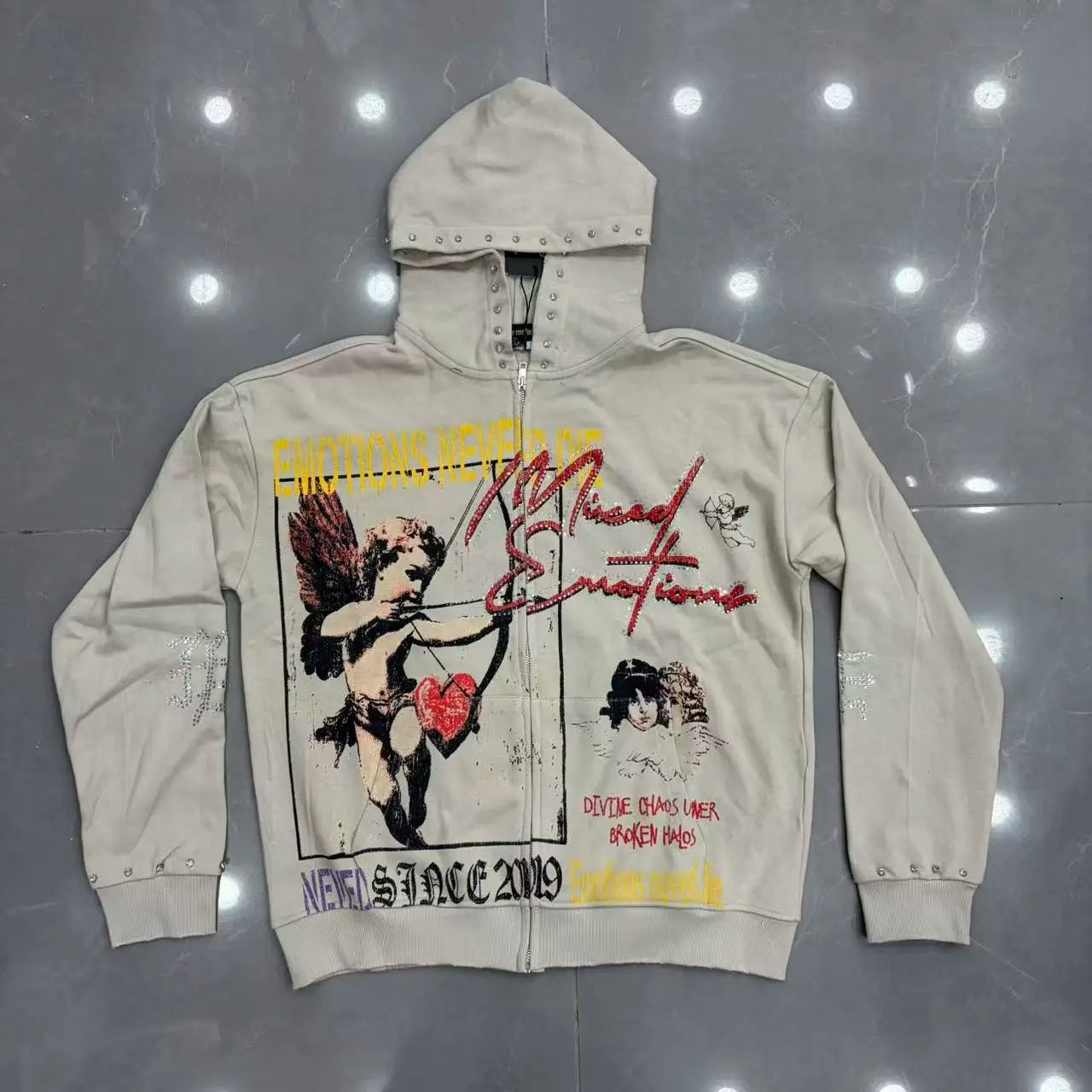 Fashionable Zip-Up Jacket, High Quality, 450g Heavyweight Pure Cotton Terry Fabric, White Ink Direct Printing, Middle Eastern Glass Rhinestones, Full Print, Hand-Applied Rhinestones