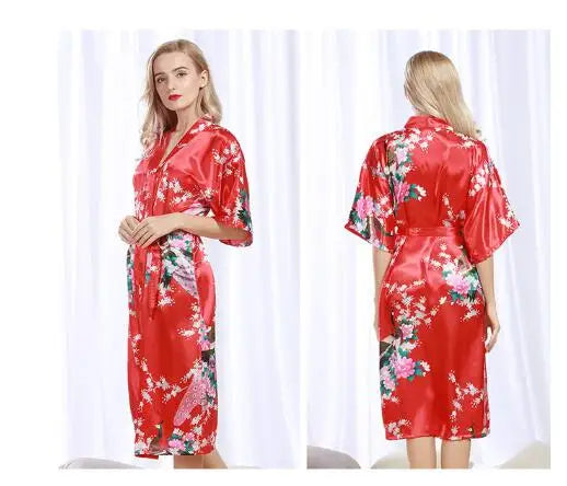 Womens Silk Satin Kimono Robes Long Sleepwear Dressing Gown Floral Peacock Printed Pattern Party Wedding Bridesmaid Bathrobe
