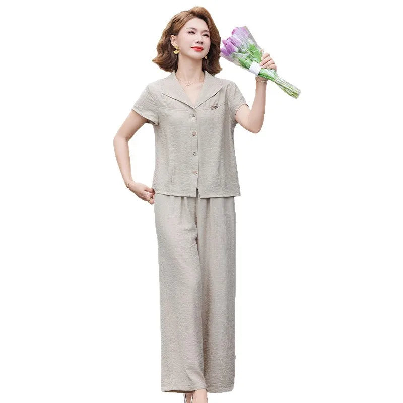 Elegant Fashionable Mommy Outfit Summer Short Sleeve Shirt Wide Leg Pants Two Piece Set for Middle-Aged And Elderly Women