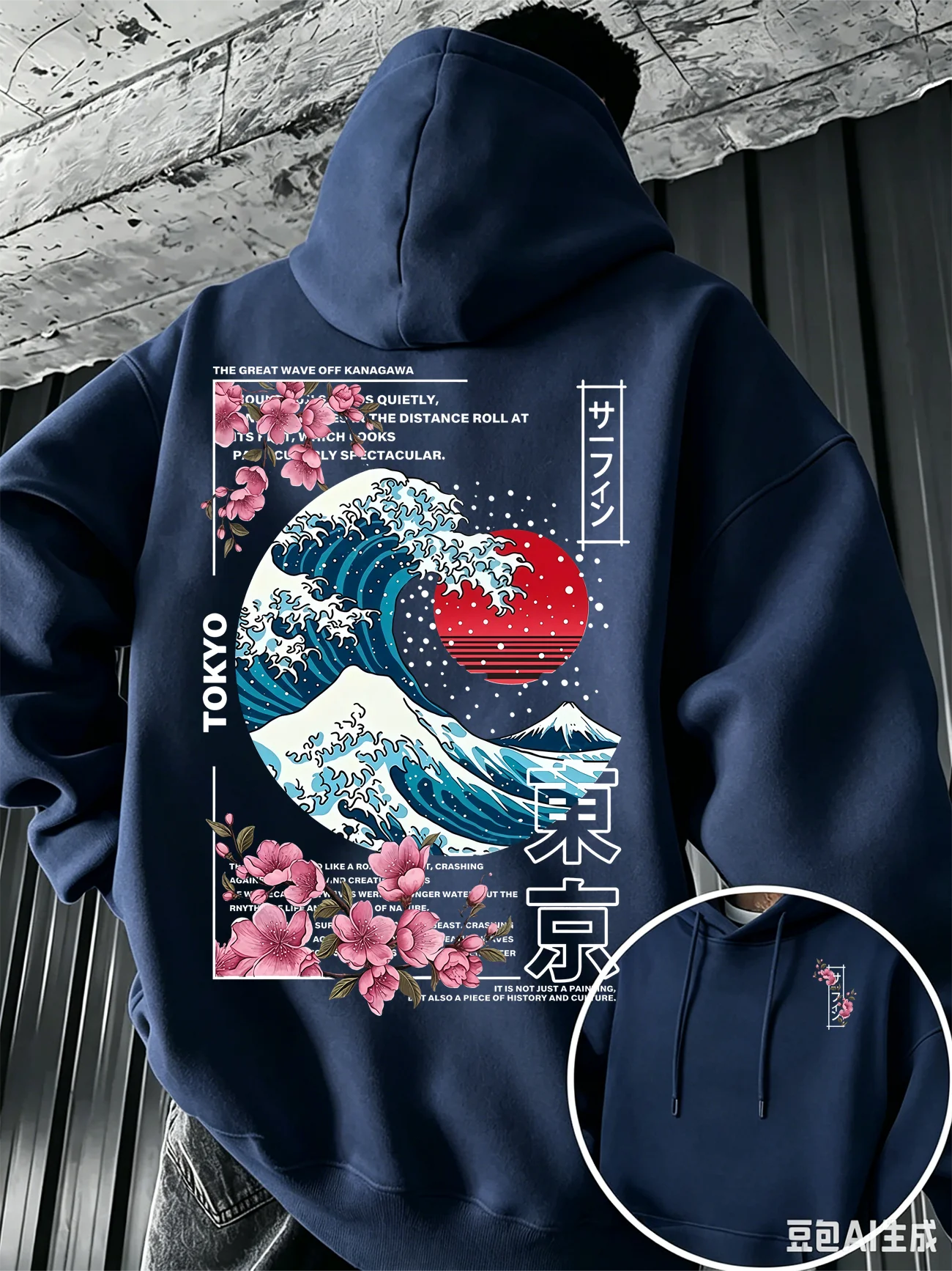 Ukiyo-E Great Wave Kanagawa Hoodie Men Aesthetic Sakura Tokyo Letter Graphic Sweatshirt Oriental Vintage Daily Hooded Pullover