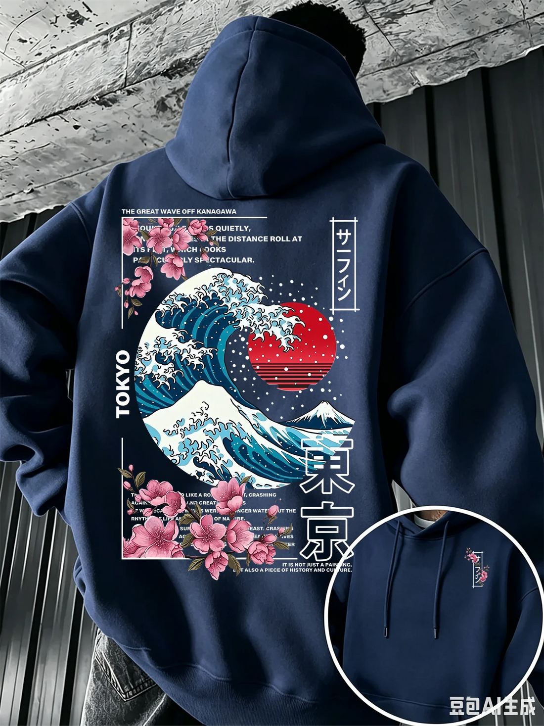 Ukiyo-E Great Wave Kanagawa Hoodie Men Aesthetic Sakura Tokyo Letter Graphic Sweatshirt Oriental Vintage Daily Hooded Pullover