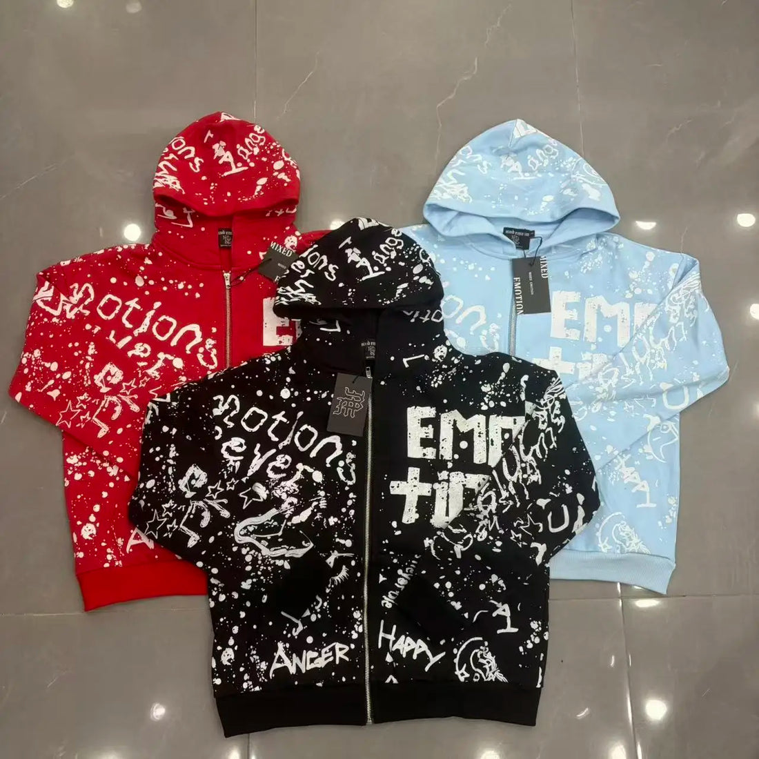 Fashionable Zip-Up Jacket, High Quality, 450g Heavyweight Pure Cotton Terry Fabric, White Ink Direct Printing, Middle Eastern Glass Rhinestones, Full Print, Hand-Applied Rhinestones