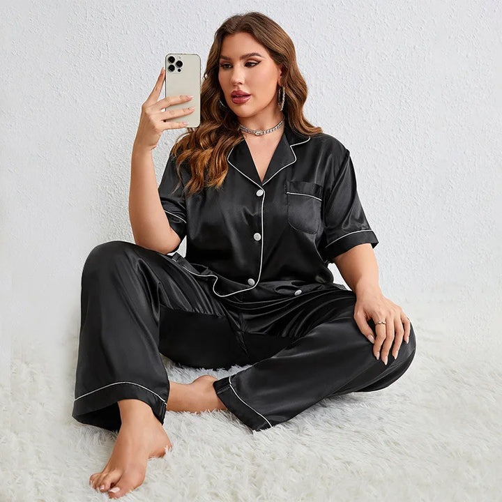 Oversize Size 3Xl 4Xl 5Xl Pajamas Loose Rayon Home Clothes Women's Short Sleeve Loungewear Satin Solid Pyjamas Suit Sleepwear