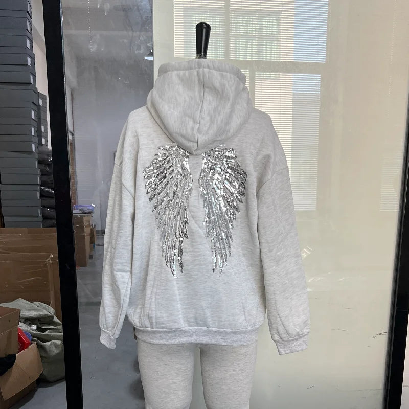 Sequin Angel's Wings Hoodies Women Chic Loose Long Sleeve Pullovers Top Slim Yoga Pant Set 2025 New Casual Lady Two Piece Sets