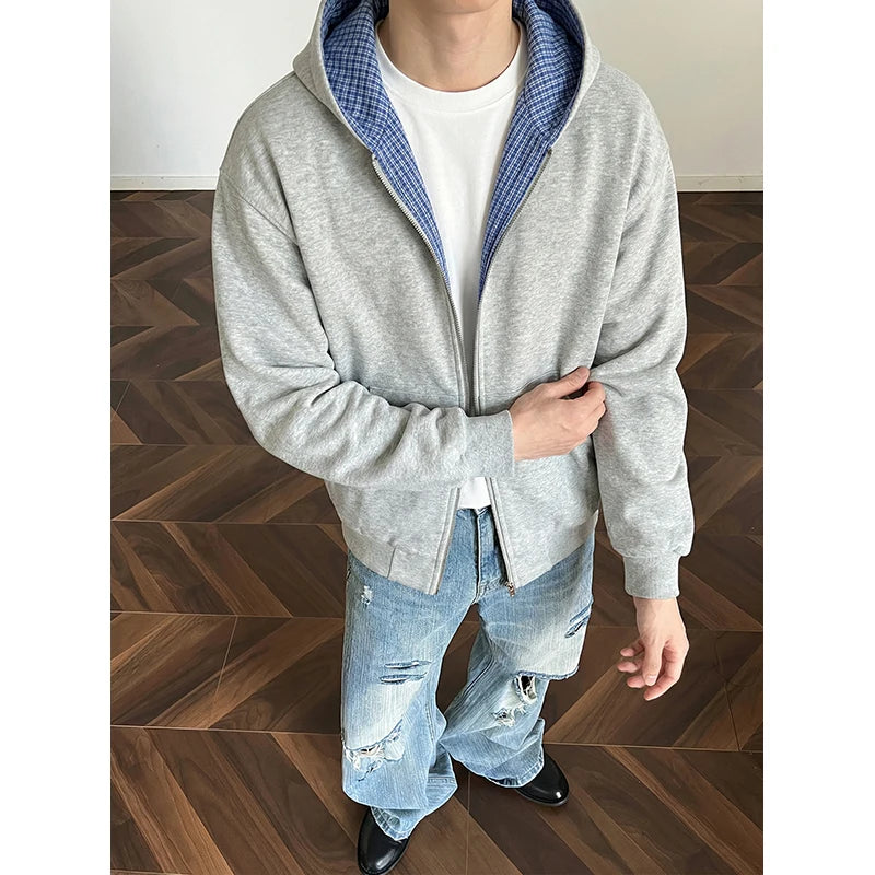 Retro Varsity Men's Layered Zip Up Hoodie Checked Lining Relaxed Fit Streetwear Jacket Hip-hop Unisex Hoodies