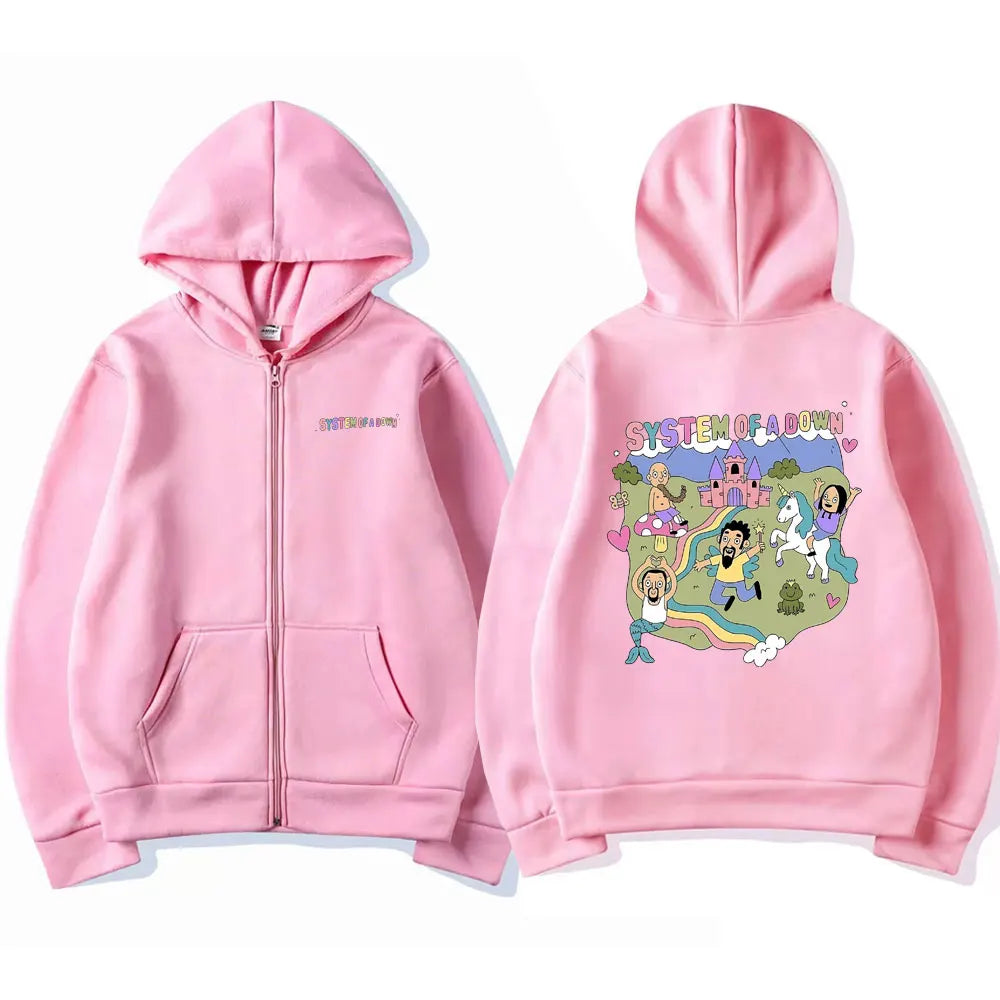 System of A Down Graphic Zipper Hoodie Men Women Vintage Rock Music Band Cartoon Graphic Zip Up Hoodies Coat Men's Zip Up Jacket