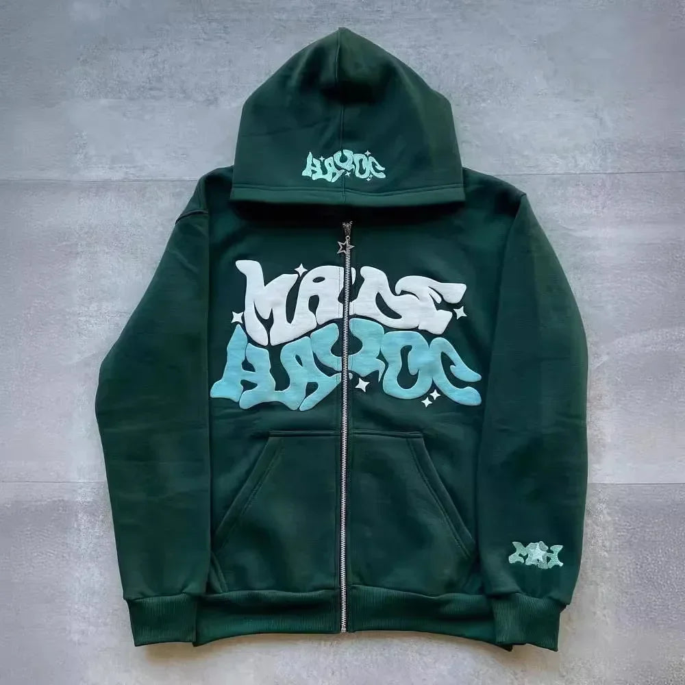 Hooded zipper hoodie with retro American-style letters, unisex, suitable for pairing with a millennial-style jacket