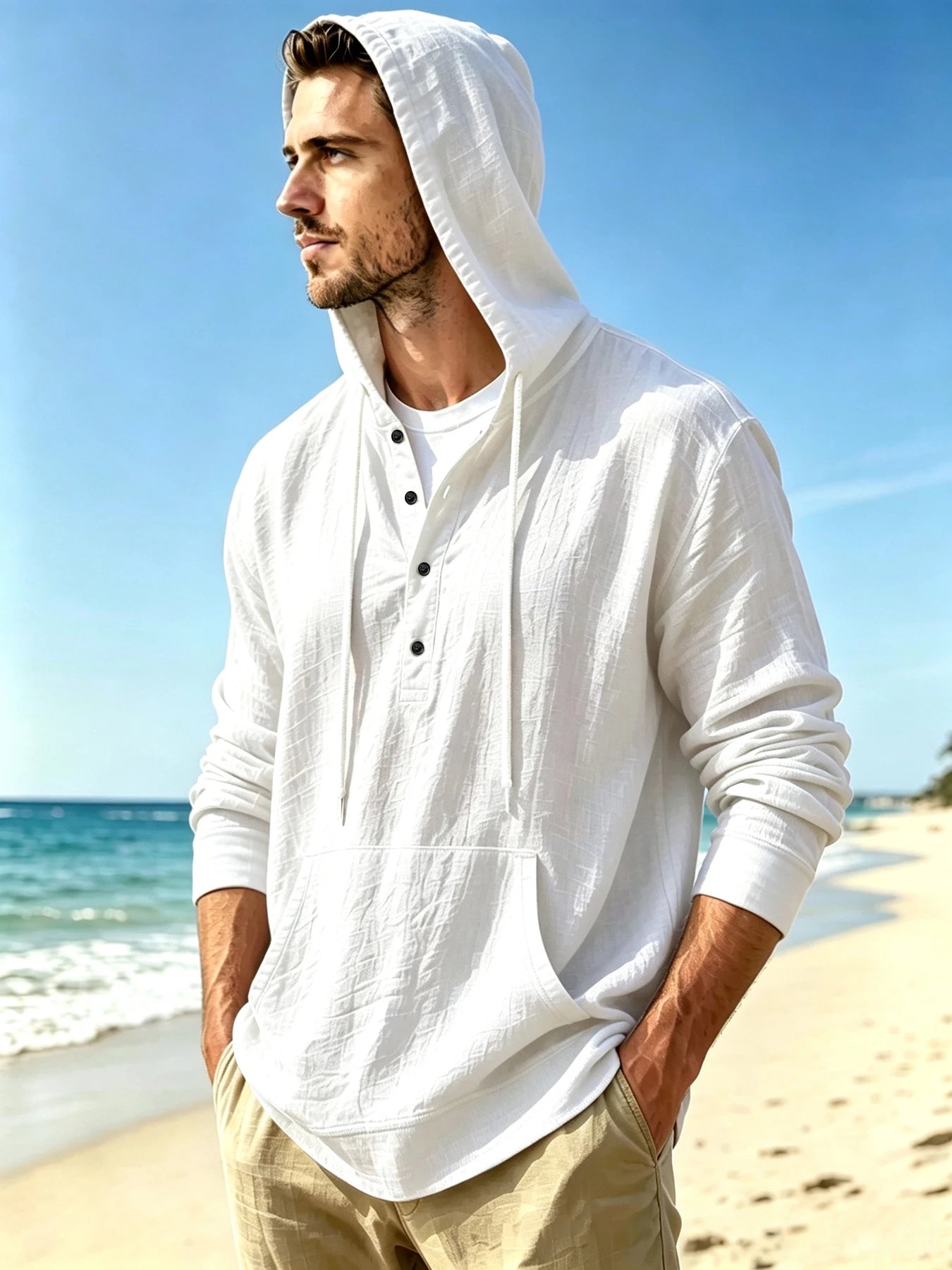 Men's Henley Hooded Casual Shirt, Beach Vacation Relaxed Style, Half Button Placket, Drawstring Hood & Kangaroo Pocket, Breathab
